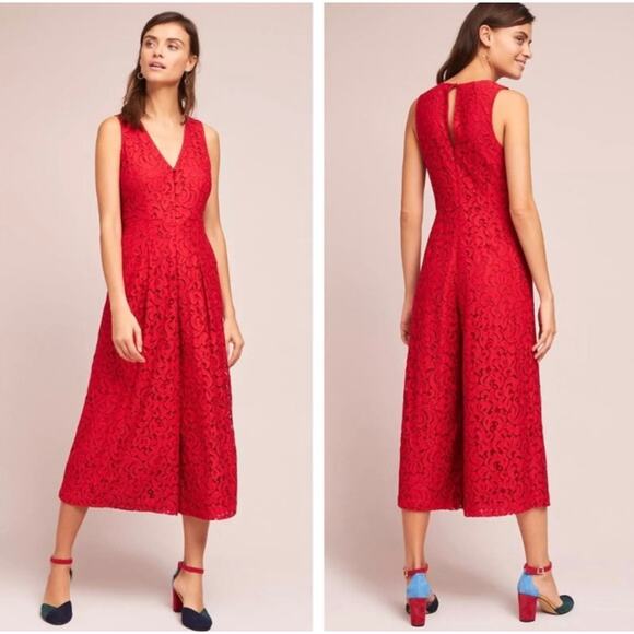 Anthropologie Moulinette Soeurs Jaeda Red Lace Sleeveless Wide Leg Jumpsuit - Picture 1 of 8